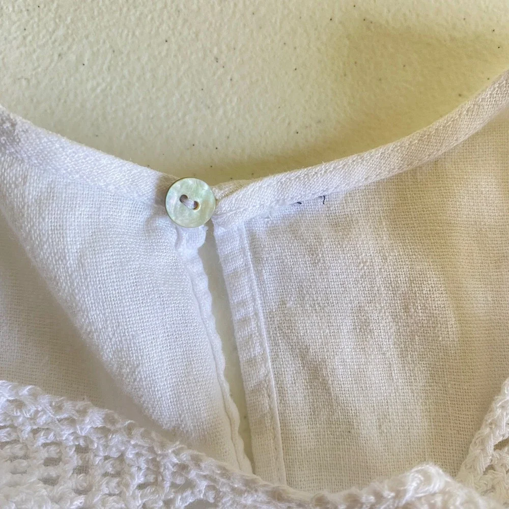 Zara Womens White Linen Blend Crochet Lace Yoke Bell Sleeve Boho Blouse Medium